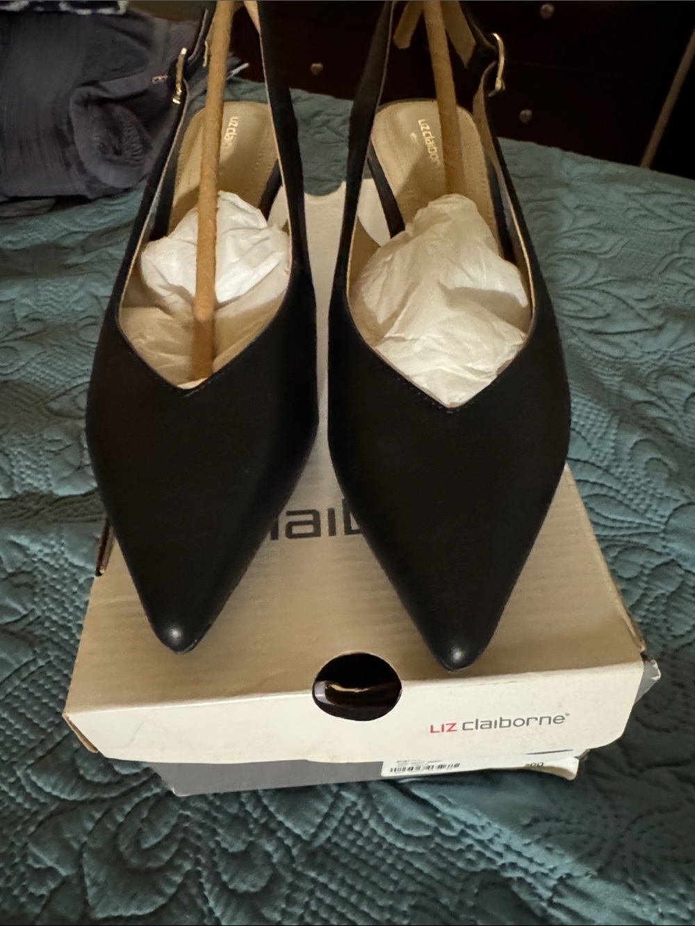 Liz Claiborne Black Pointed-Toe Slingback Heels with Gold Buckle